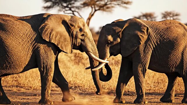 Two large elephants with intertwined trunks stand in a sunlit dusty grassy landscape with blurred trees in the background