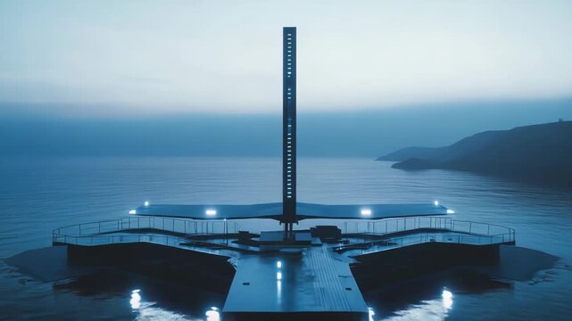 Futuristic monolithic structure floating on calm blue ocean water with illuminating lights during evening, creating a serene and modern architectural vision