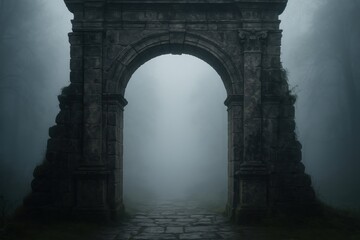 Fototapeta premium Mysterious foggy ancient stone archway.
