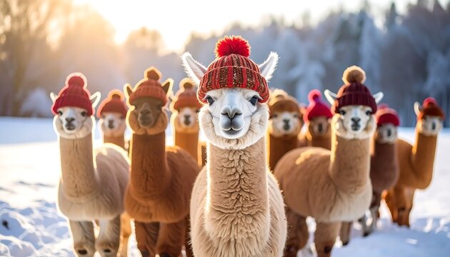 Group of alpacas in colorful hats standing in snowy landscape
