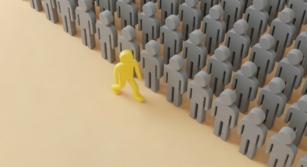 Fototapeta premium Yellow figure leading a crowd of gray figures in a line