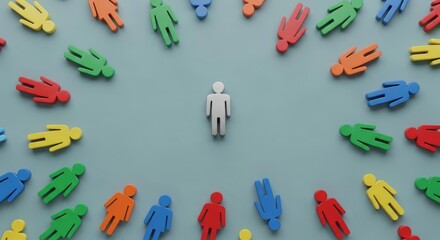 Isolated figure surrounded by diverse, colorful crowd figures