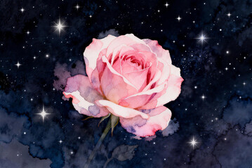 Pink rose blossom floating in a starry cosmic galaxy, watercolor floral illustration in outer space