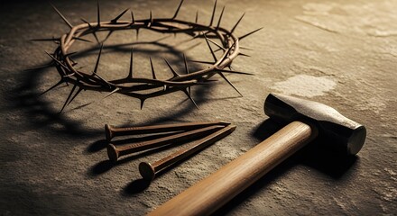 Good friday symbolism crown of thorns nails and hammer representing jesus christ crucifixion
