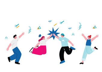 ジャンプして喜ぶ若い男女