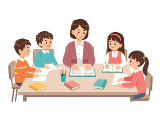 cheerful classroom study group scene teacher children sitting around table