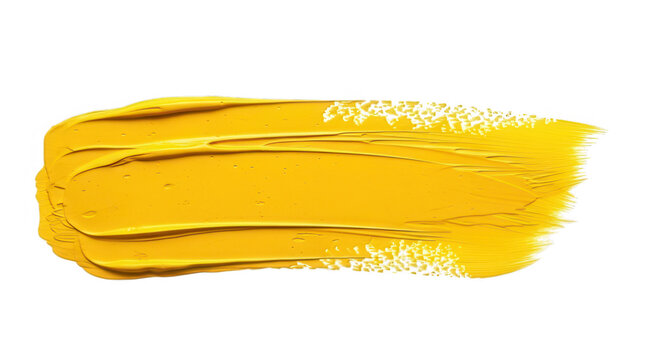 Yellow acrylic paint brush stroke texture on transparent background