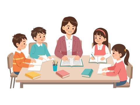 cheerful classroom study group scene teacher children sitting around table