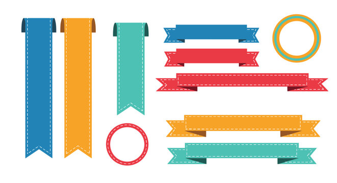 Collection of colorful ribbon banners and labels in blue, yellow, red, and green is perfect for web design and marketing.