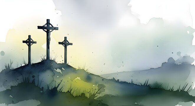 Good friday reflections crucifixion scene with three crosses on a hill