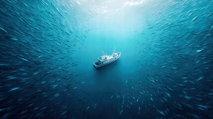 Obraz premium A boat surrounded by a massive school of fish in the deep blue ocean.