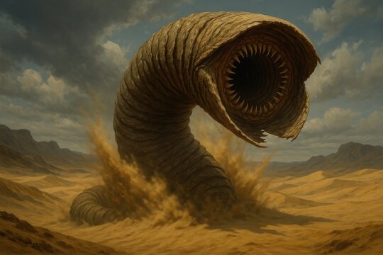 Giant sandworm in desert landscape.