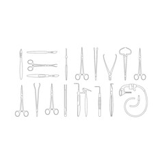 Naklejka premium Detailed line art set of diverse surgical medical instruments and tools