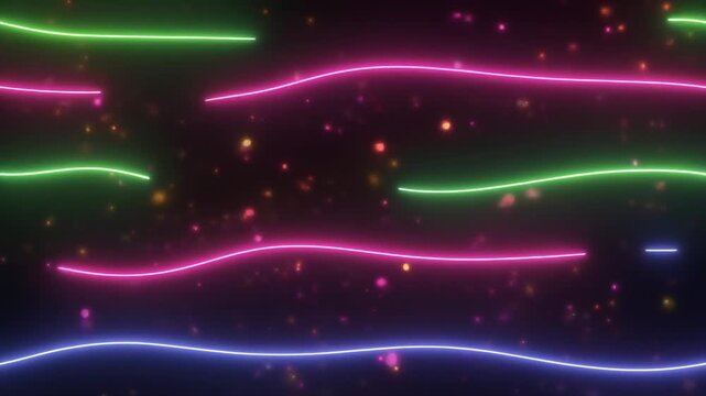 Futuristic long horizontal neon beams gliding soft wave deformation glowing particles seamless surreal ambience cascading softly abstract unique style ultra realistic cinematic loop
