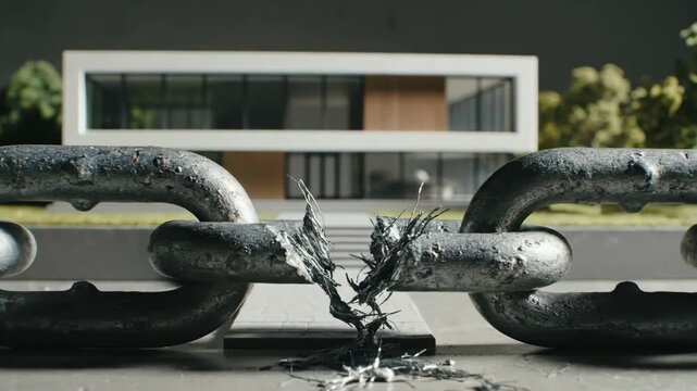 Two metal chain links connected by a shattered segment Sharp fragments lie between them with a blurred modern building and greenery in the background
