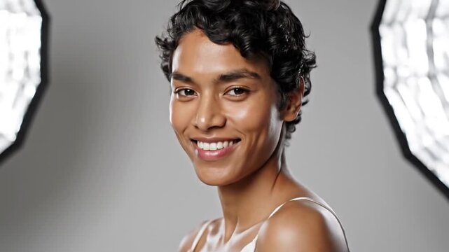 Young woman with short curly hair smiling, studio portrait, beauty, skincare, positive emotion