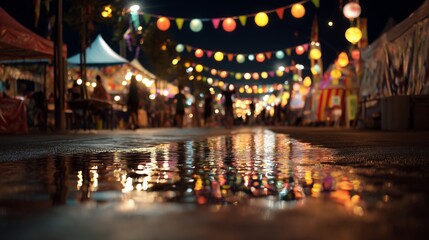 Obraz premium Night festival with colorful lights reflecting on wet street in a lively setting