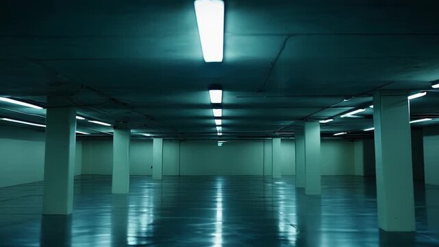 Deep and quiet underground parking lot with empty spaces and a dark, reflective floor illuminated by neon fluorescent lights, creating an eerie liminal atmosphere