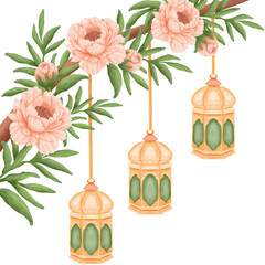 Elegant watercolor floral branch with peach peonies and hanging decorative lanterns. Festive illustration for celebrations.