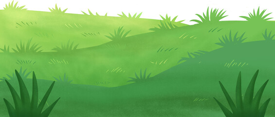 Lush green cartoon hills with stylized grass and bright sky. Simple natural background illustration for animation or children's design.