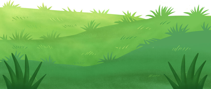 Lush green cartoon hills with stylized grass and bright sky. Simple natural background illustration for animation or children's design.