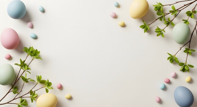 A pastel colored easter arrangement features decorated eggs small candies and delicate spring branches on a white background high quality professional