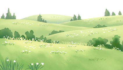 Serene Spring Landscape: Rolling Green Hills with Scattered White Wildflowers and Distant Trees