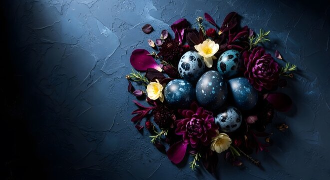 A dramatic dark still life featuring speckled blue and purple easter eggs nestled amongst vibrant flowers and petals high quality professional