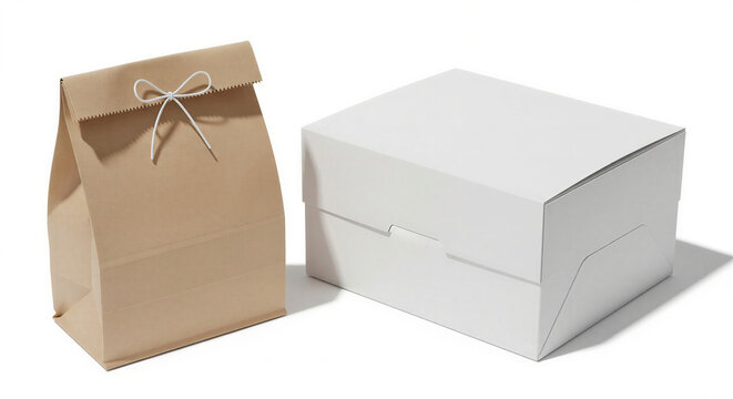 Essential packaging solutions a versatile brown paper bag with string closure and a clean white cardboard box, perfect for restaurant takeout food, retail items, or secure delivery