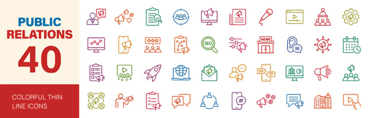 Collection of public relations icons representing various concepts and ideas in a colorful graphic illustration