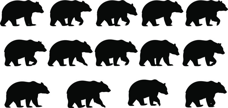 Black bigfoot silhouette vector set, sasquatch and yeti mythical creature collection, legendary forest monster 