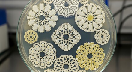 Intricate geometric patterns formed by microbial colonies grown inside a laboratory petri dish