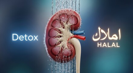 Halal certified kidney detox concept with water flowing over the anatomical structure.