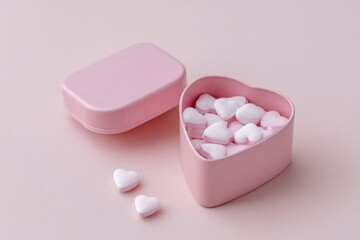 pink heart shaped pills in an open pink box on a pastel background