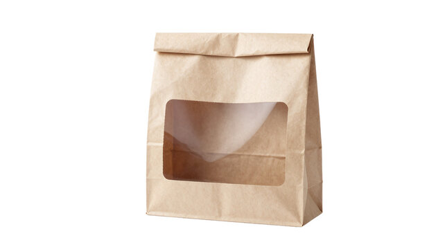 Brown paper bag with a window, isolated on white, showcasing eco-friendly packaging and product visibility