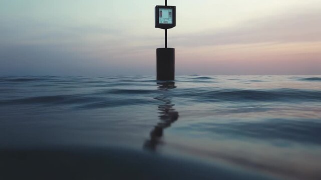 Ocean buoy floating on the sea, collecting, monitoring, and transmitting environmental data, displaying information on its screen against a tranquil twilight sky