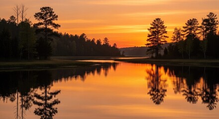 Obraz premium A beautiful lake connected to a slow river, glowing under a warm golden sunset. The sky is filled with orange and pink colors, reflecting across the still lake and moving river. Tall trees stand silen