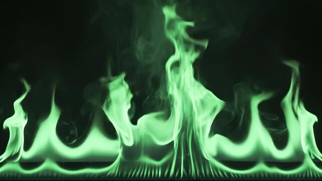 Ethereal green flames rise, creating a mysterious and vibrant atmosphere.
