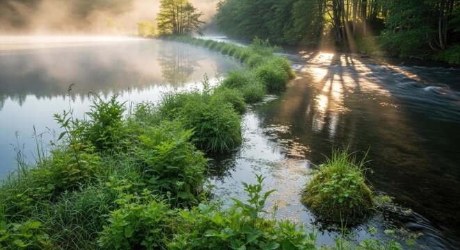 A crystal-clear lake beside a flowing river in the early morning. Light mist rises from the water, and fresh green plants grow along the edges. Gentle sunlight filters through nearby trees, illuminati