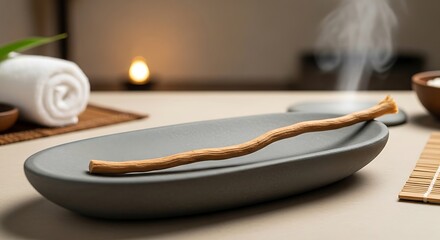 A miswak chewing stick rests on a modern grey tray in a tranquil spa setting