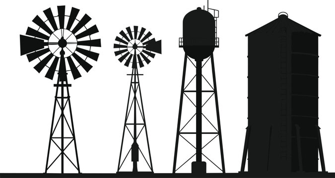 Rural farm windmill and water tower silhouette set, agricultural industry structures isolated vector illustration collection