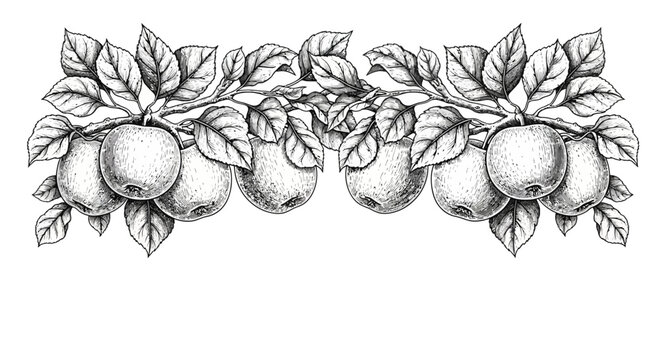 Vintage Apple Tree Branch Frame Illustration in Black and White Engraving Style