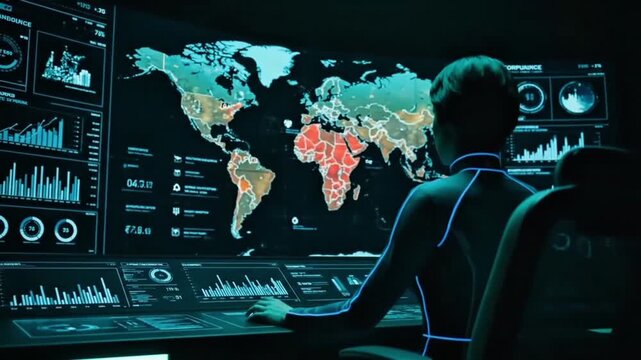 Surveillance technician analyzing global network data on a large futuristic screen showing world map and charts
