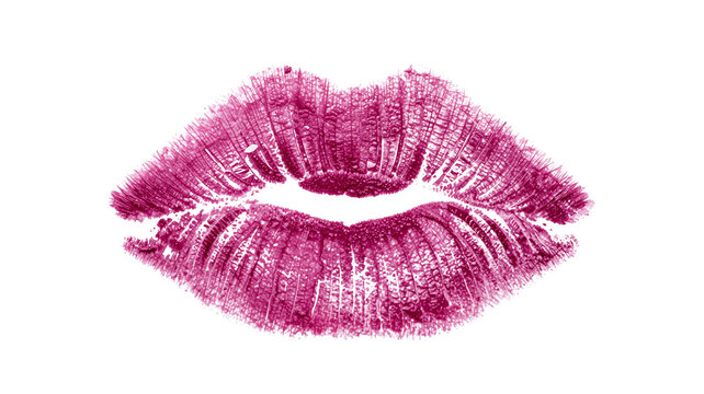 Lipstick kiss mark on white background, vibrant magenta color, romantic gesture, isolated for design element