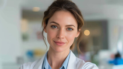 Fototapeta premium A smiling female doctor prepares to assist patients in a busy clinic Generative AI