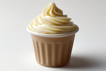 selective focus baby yogurt in tiny cup with swirl on top, white solid background