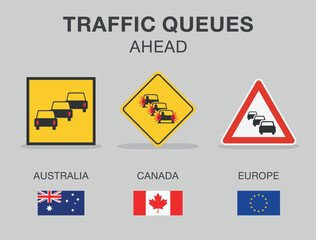 Traffic regulation rules and tips. Road sign types. "Traffic queues ahead" traffic sign in different countries. Flat vector illustration template.