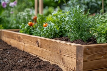 selective focus close-up of raised wooden planters with moist soil ready for planting