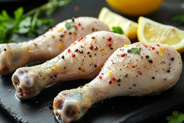 selective focus raw poultry drumsticks arranged with lemon wedges and seasoning for cooking