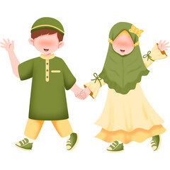 Cute Muslim children illustration: happy boy and girl holding hands, waving, cultural attire, friendship.